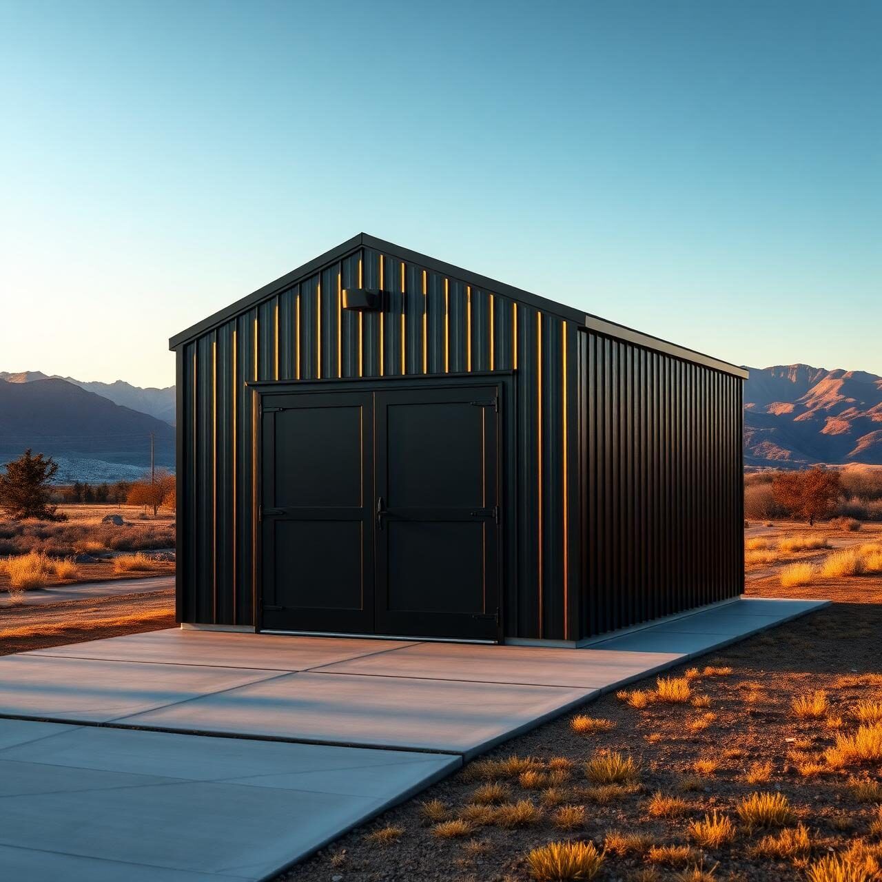 A welcoming prefab structure at golden hour